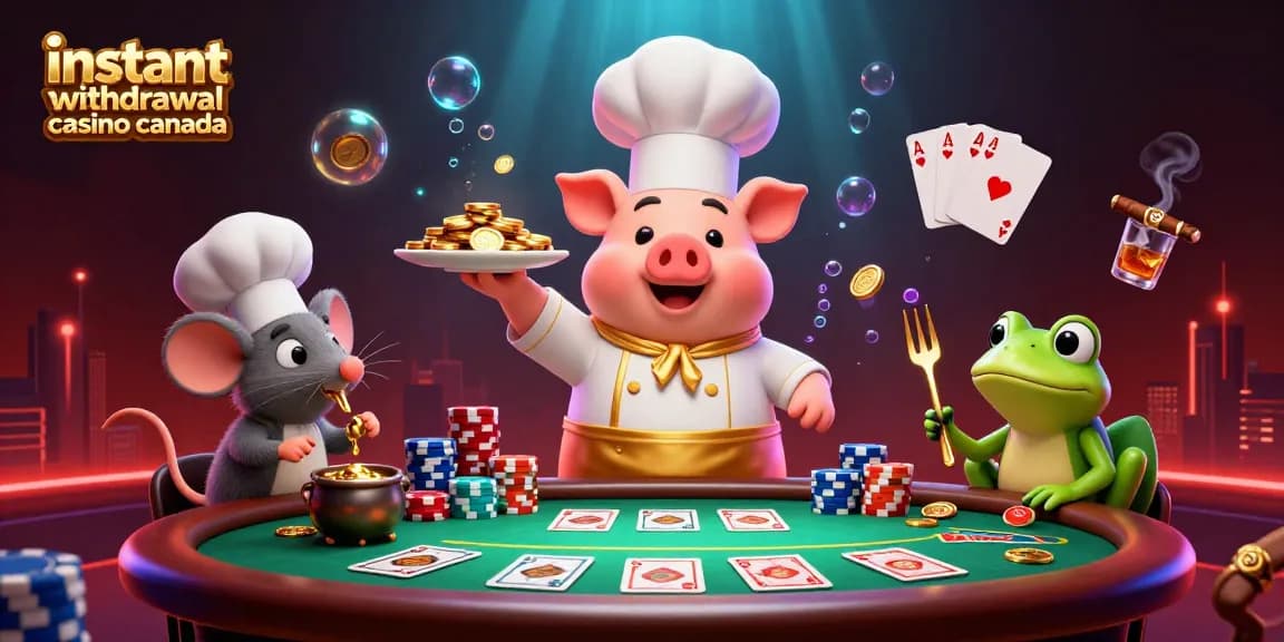 Experience the thrill of instant withdrawal casino Canada with a chef pig serving gold coins among gaming elements.