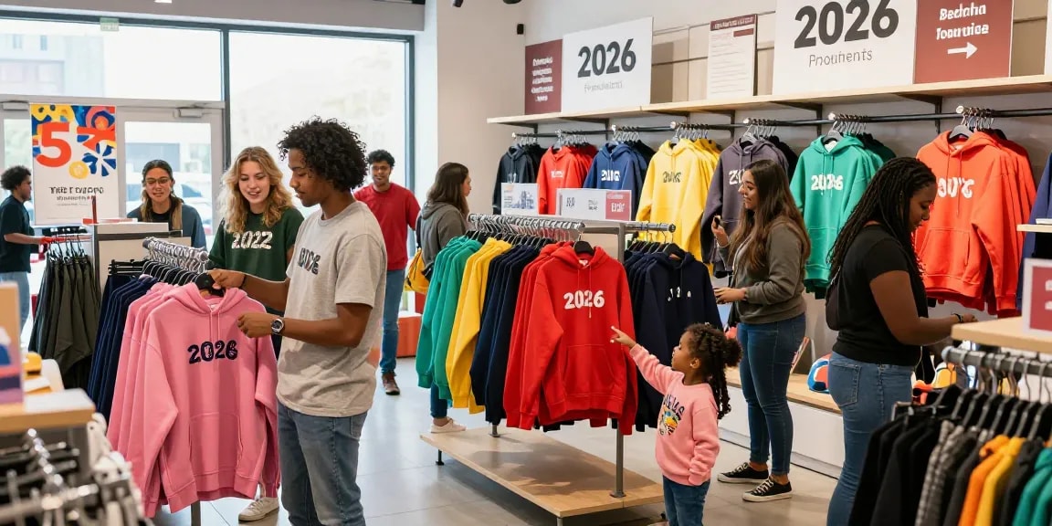 Branded hoodies showcased in a colorful retail environment with shoppers engaging and exploring 2026 trends.
