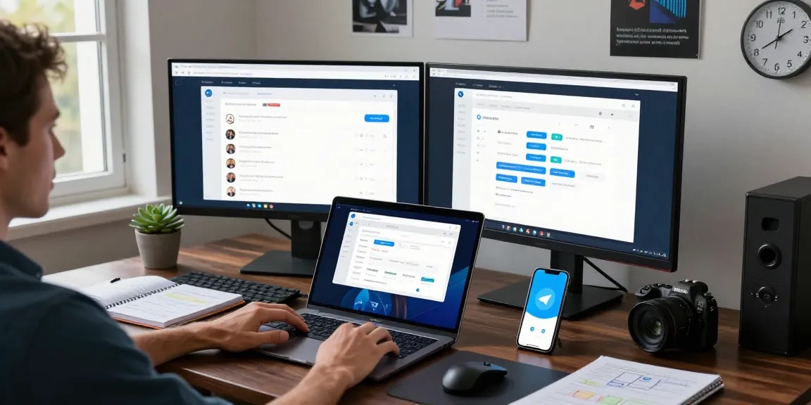 Engaged user working on Telegram Web Version at a modern workspace with tech elements.