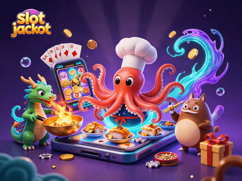 Experience the thrill of slot jackpots with a dynamic scene featuring vibrant characters and games.