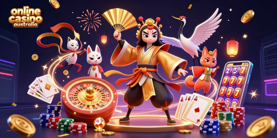 Experience the thrill of an online casino Australia with vibrant characters and glowing game elements.