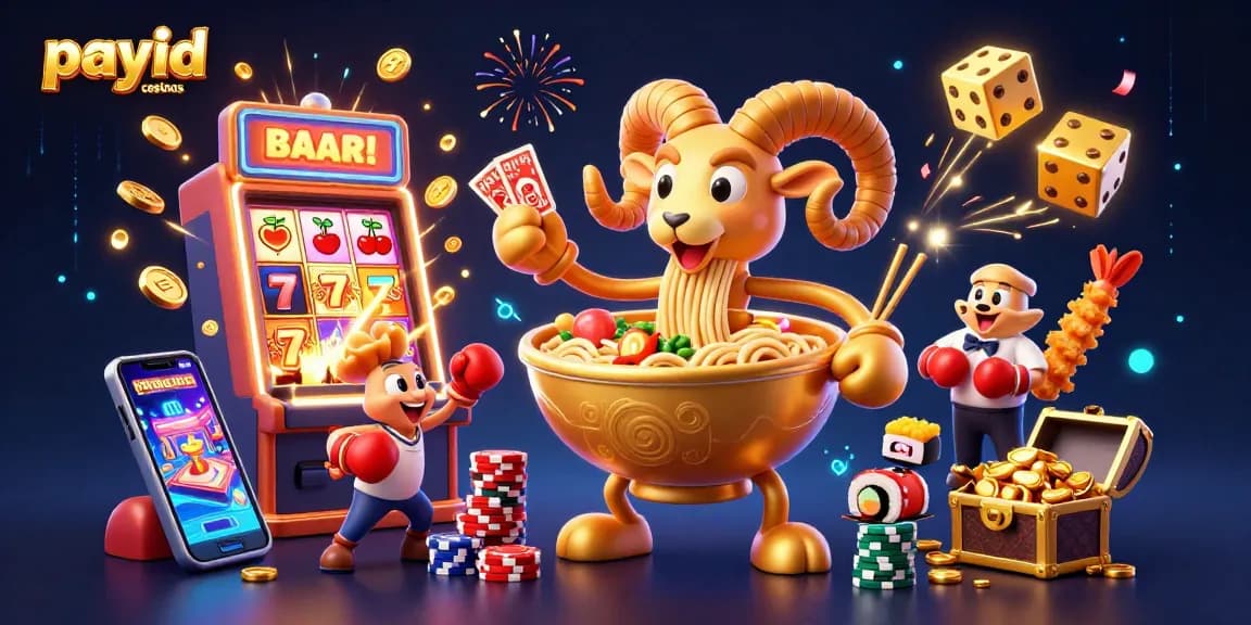 Join the excitement at payid casinos, where a giant ramen bowl dealer and colorful game symbols burst from a slot machine!