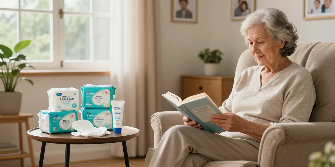 Incontinence supplies on a table next to an elderly person relaxing at home