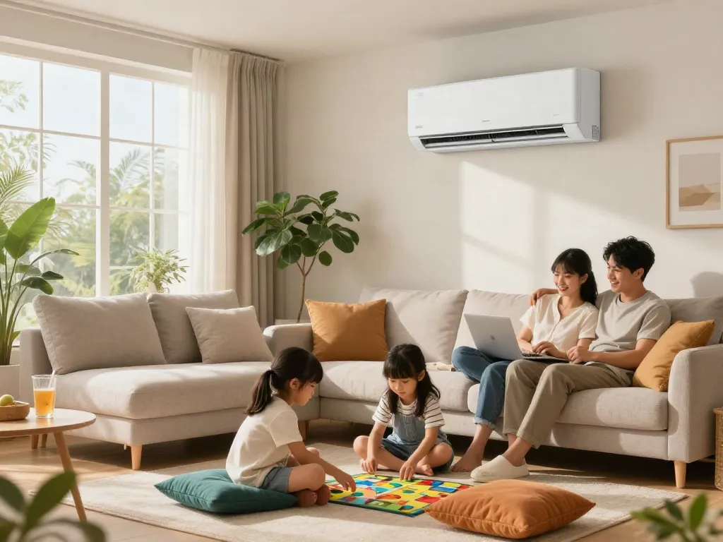 Ductless air conditioner in a cozy living room with a family enjoying leisure time.