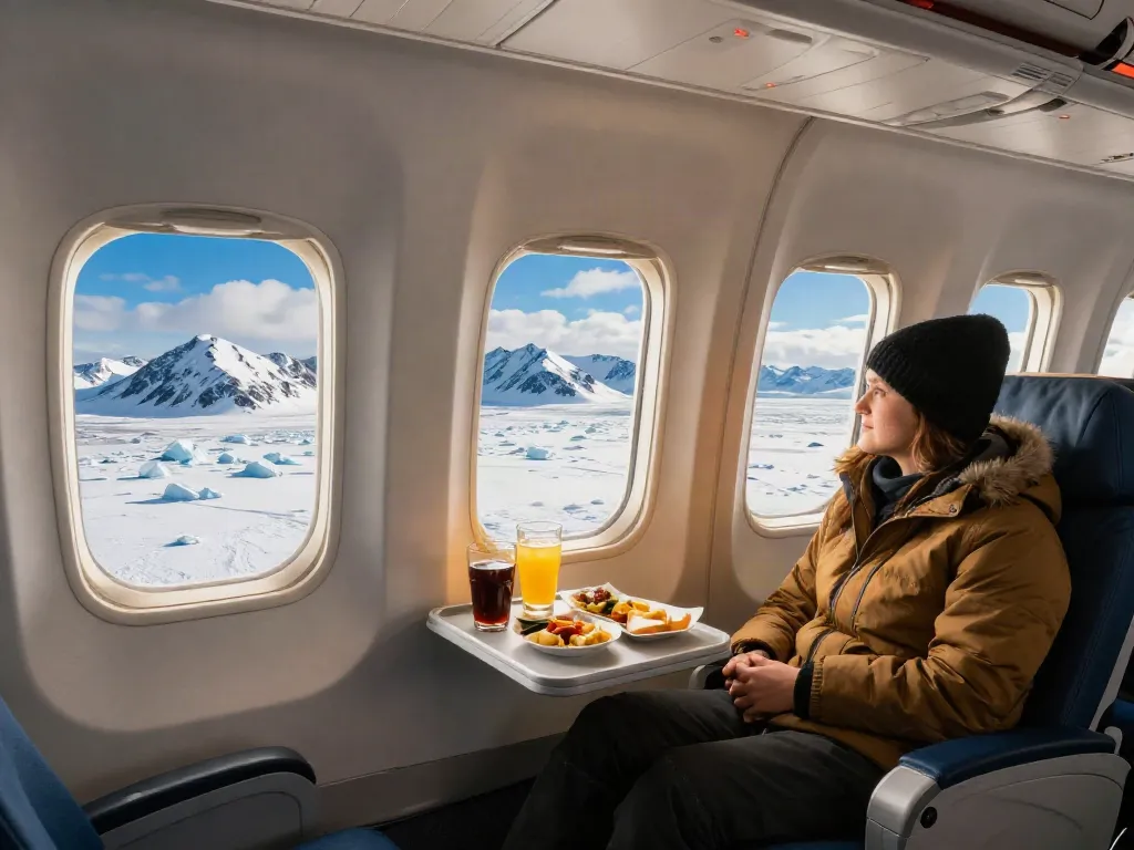 Northern Canada flights on a charter plane over stunning snowy landscapes, showcasing Arctic beauty and adventure.