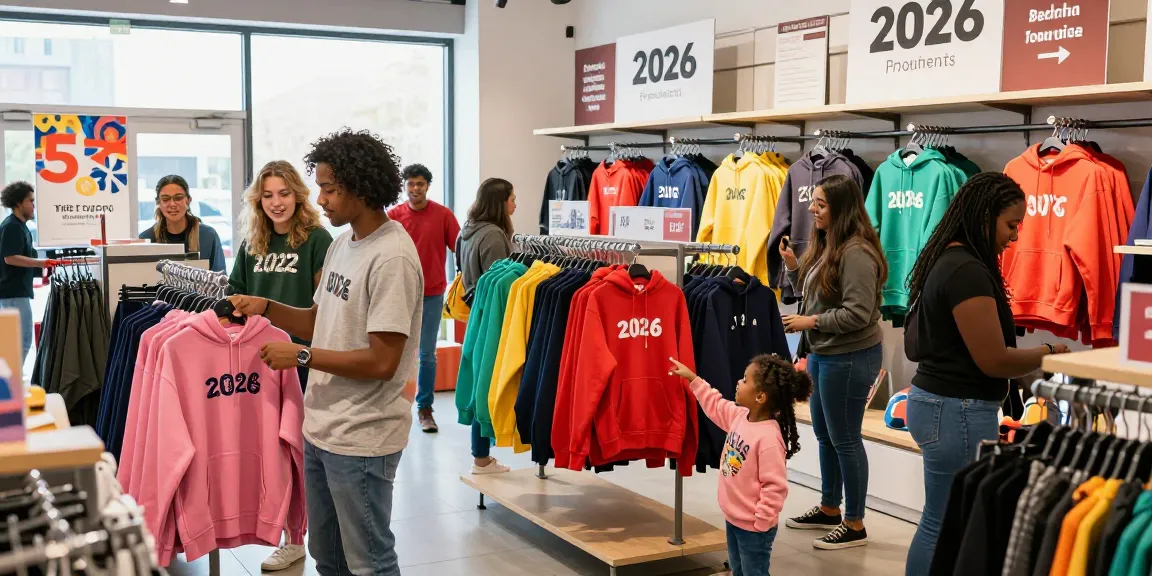 Branded hoodies showcased in a colorful retail environment with shoppers engaging and exploring 2026 trends.