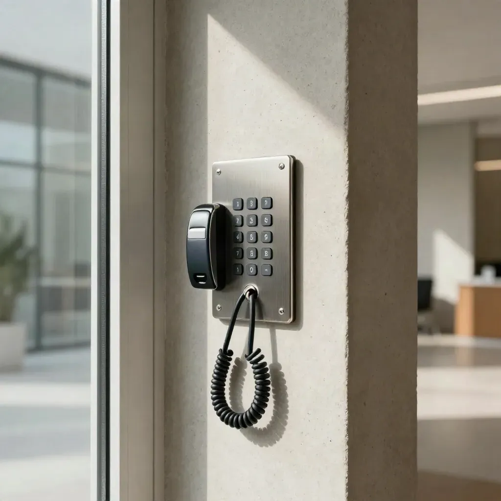Office access control hardware staged in a bright vestibule, card reader and keypad beside a steel door edge.