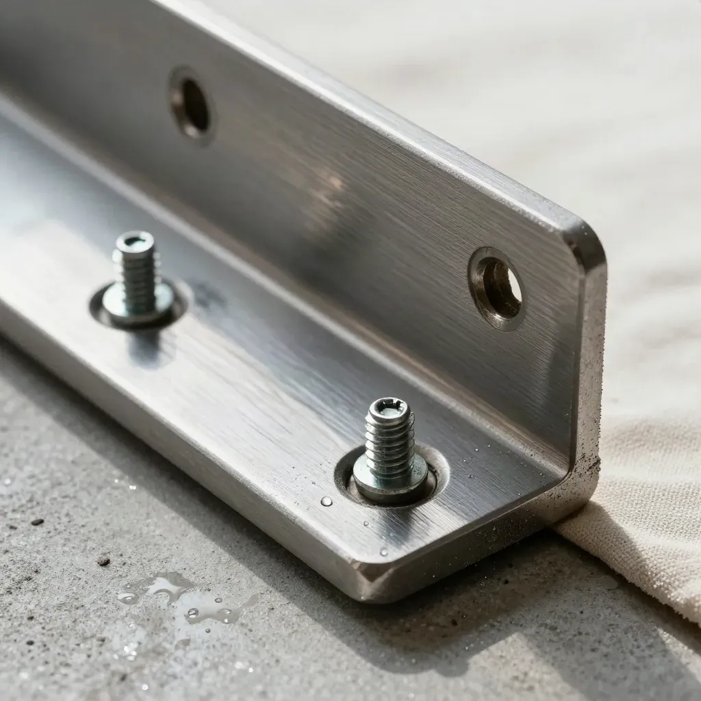 Wet steel strike plates with screws on concrete, lit by hard side light.