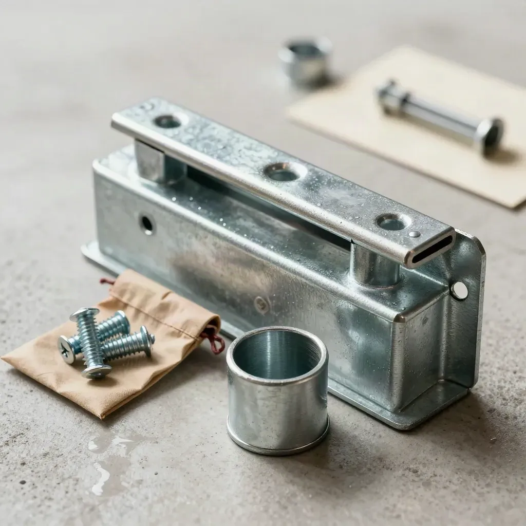 Macro hero of galvanized steel door reinforcement parts on wet concrete in soft mist.