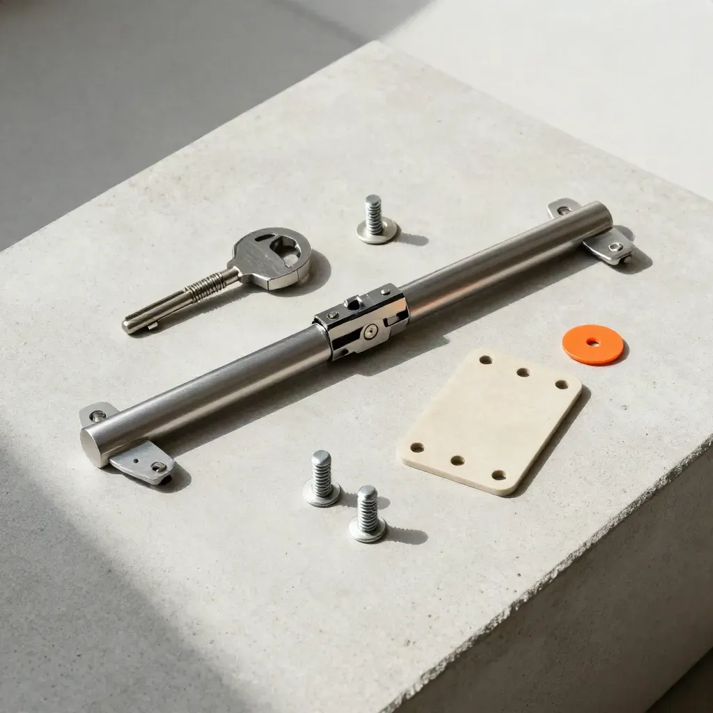 Overhead panic bar service kit parts arranged on pale concrete with an orange accent