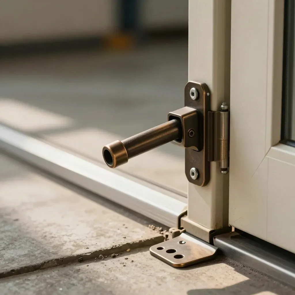Door closer arm set beside a pale steel door edge in soft daylight.