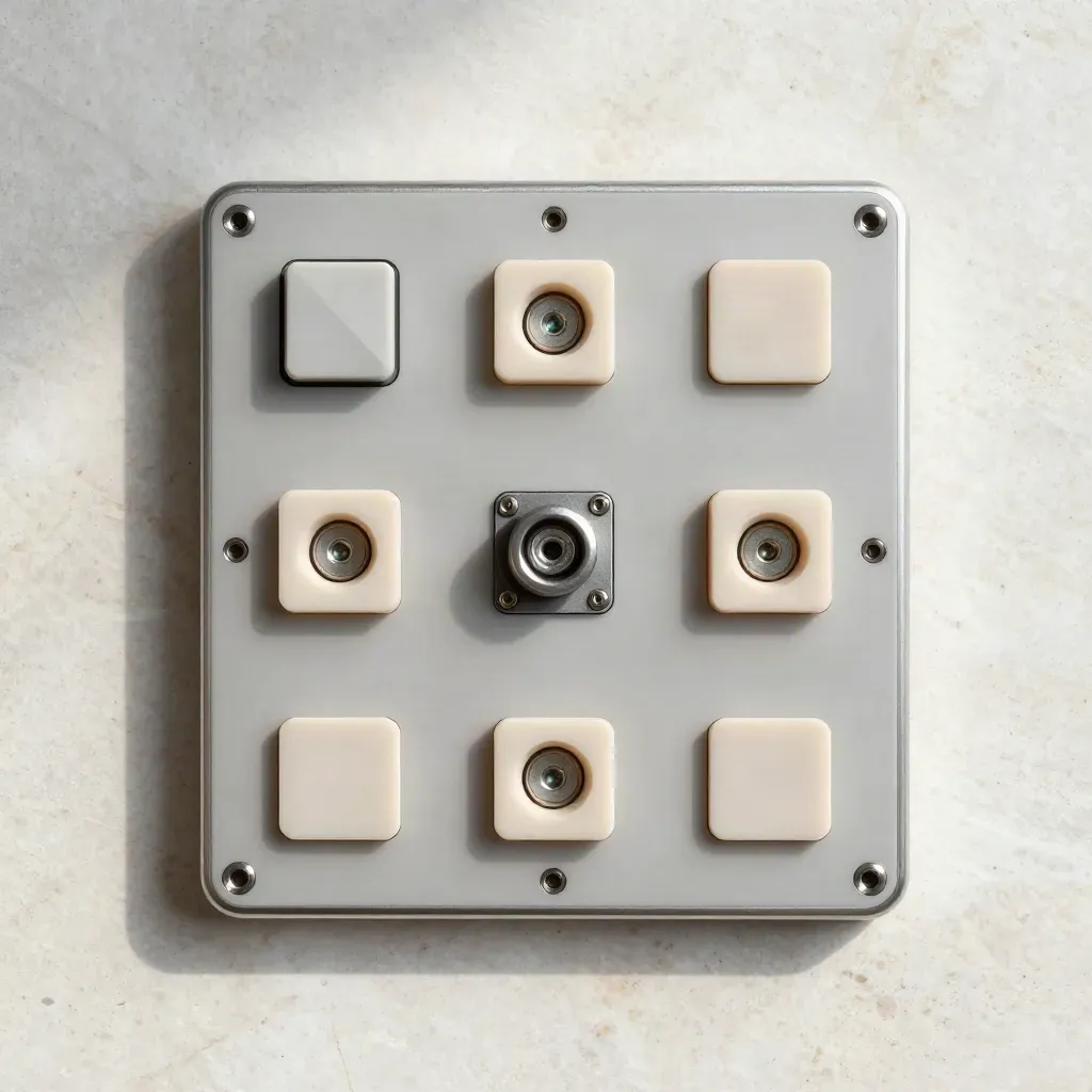 Access control keypad parts arranged in a precise overhead flatlay on pale stone.