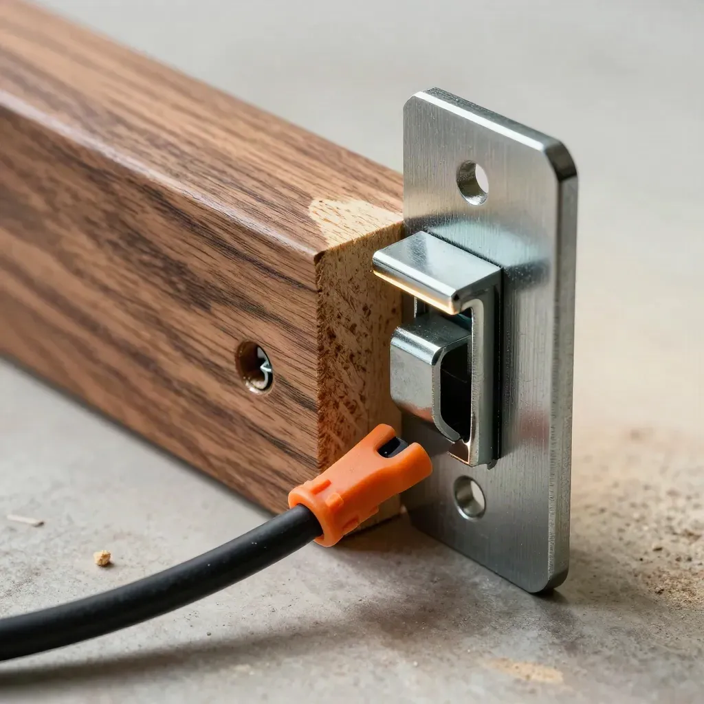 Macro of an electric strike plate beside a cut wood jamb with screws, cable sheath, and orange accent.