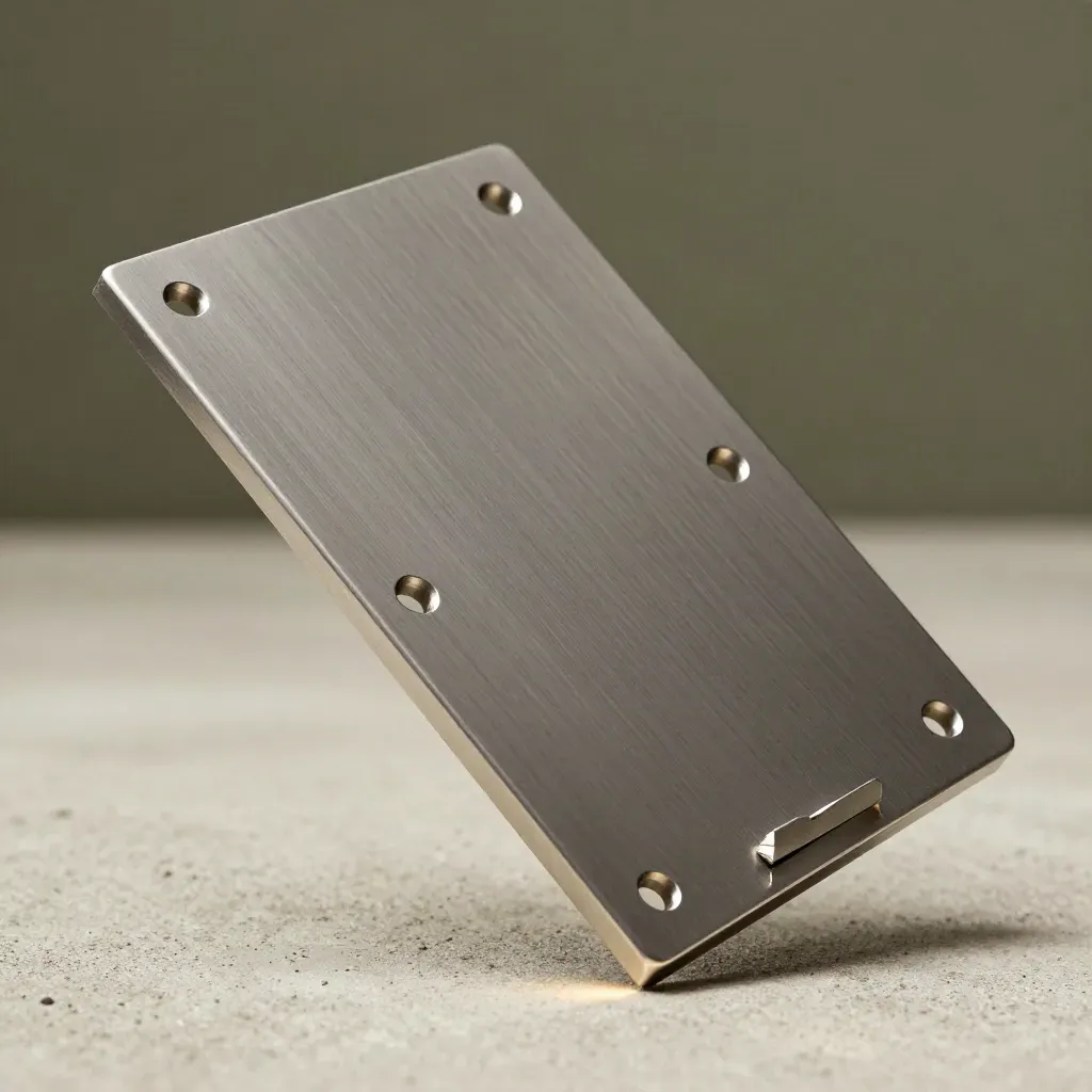 Floating steel door reinforcement plate with two shims above pale concrete in dramatic studio light.