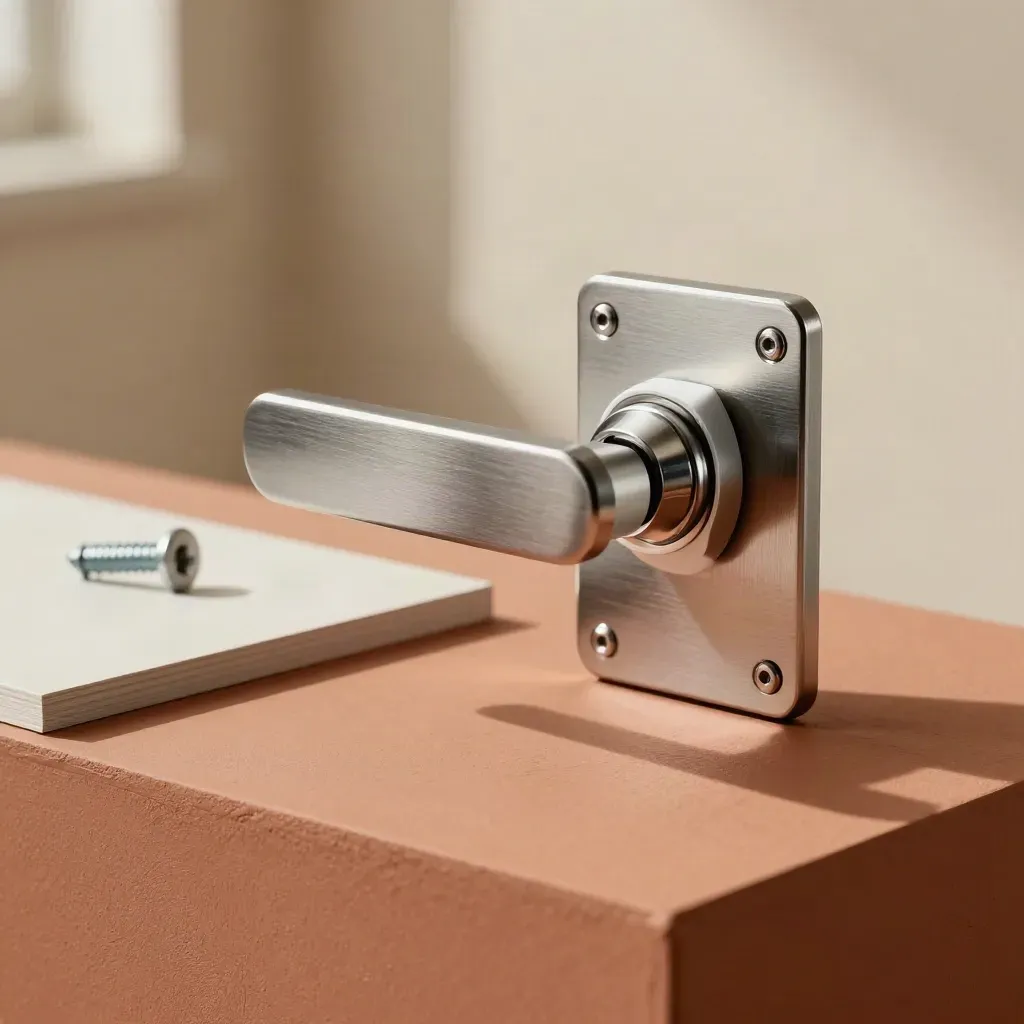 Exit device lever assembly on a terracotta plinth with airy light and soft workshop blur.