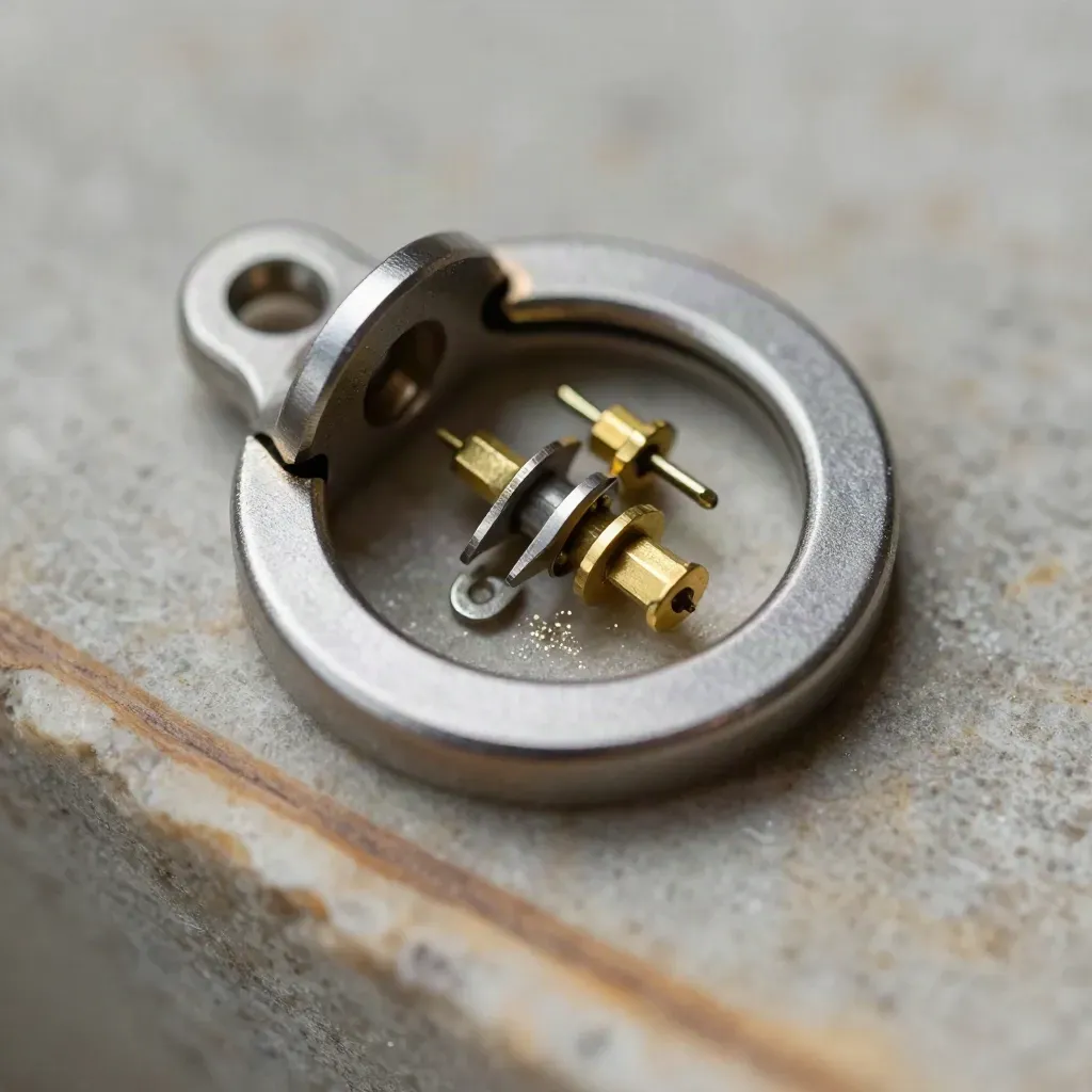 Macro lock core parts on brushed stone with pins, ring, and steel collar