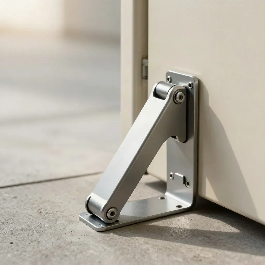 Commercial door closer on a cream steel door edge with arm and plate on concrete floor, in soft daylight.