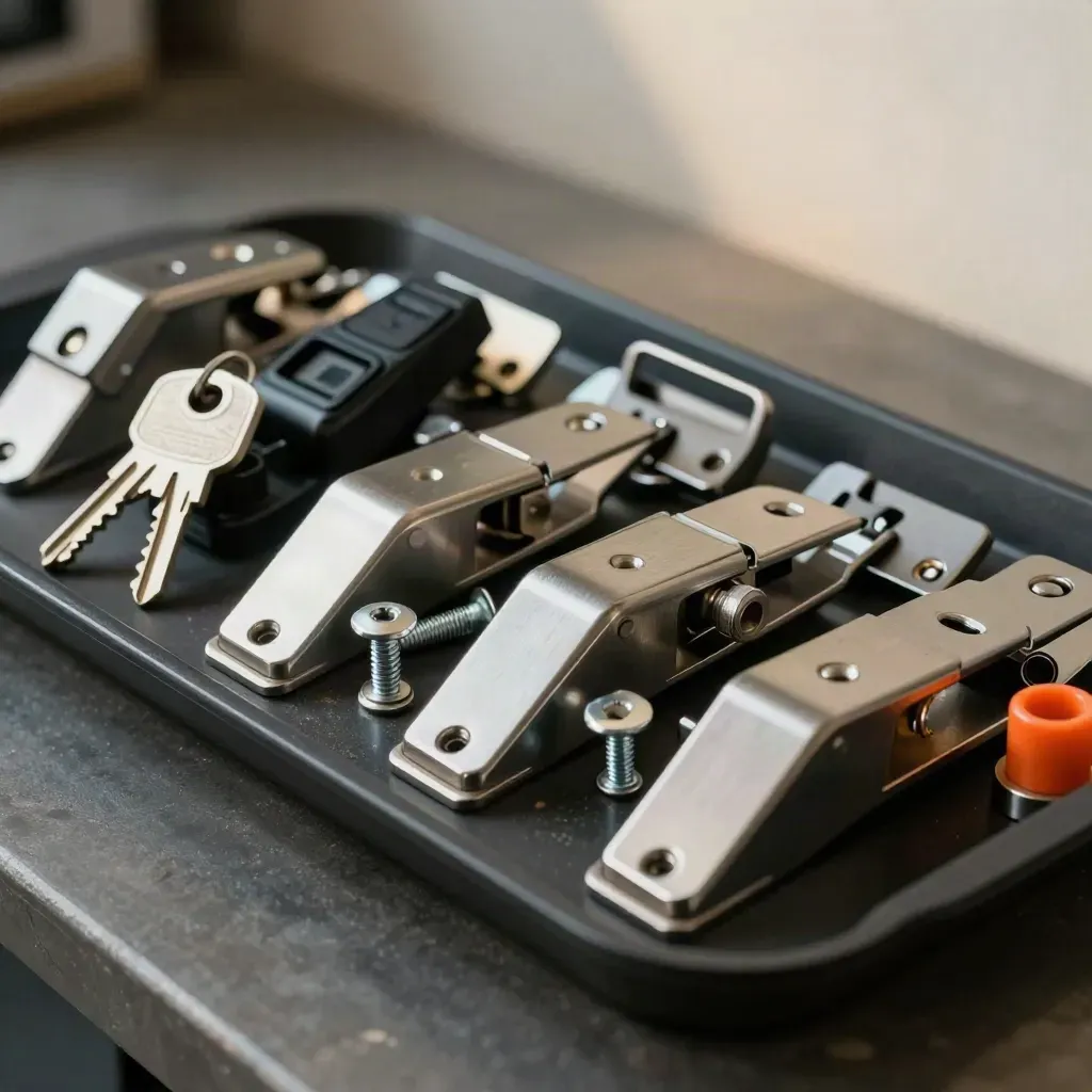 Door security hardware spread on a dark surface with dramatic light and haze