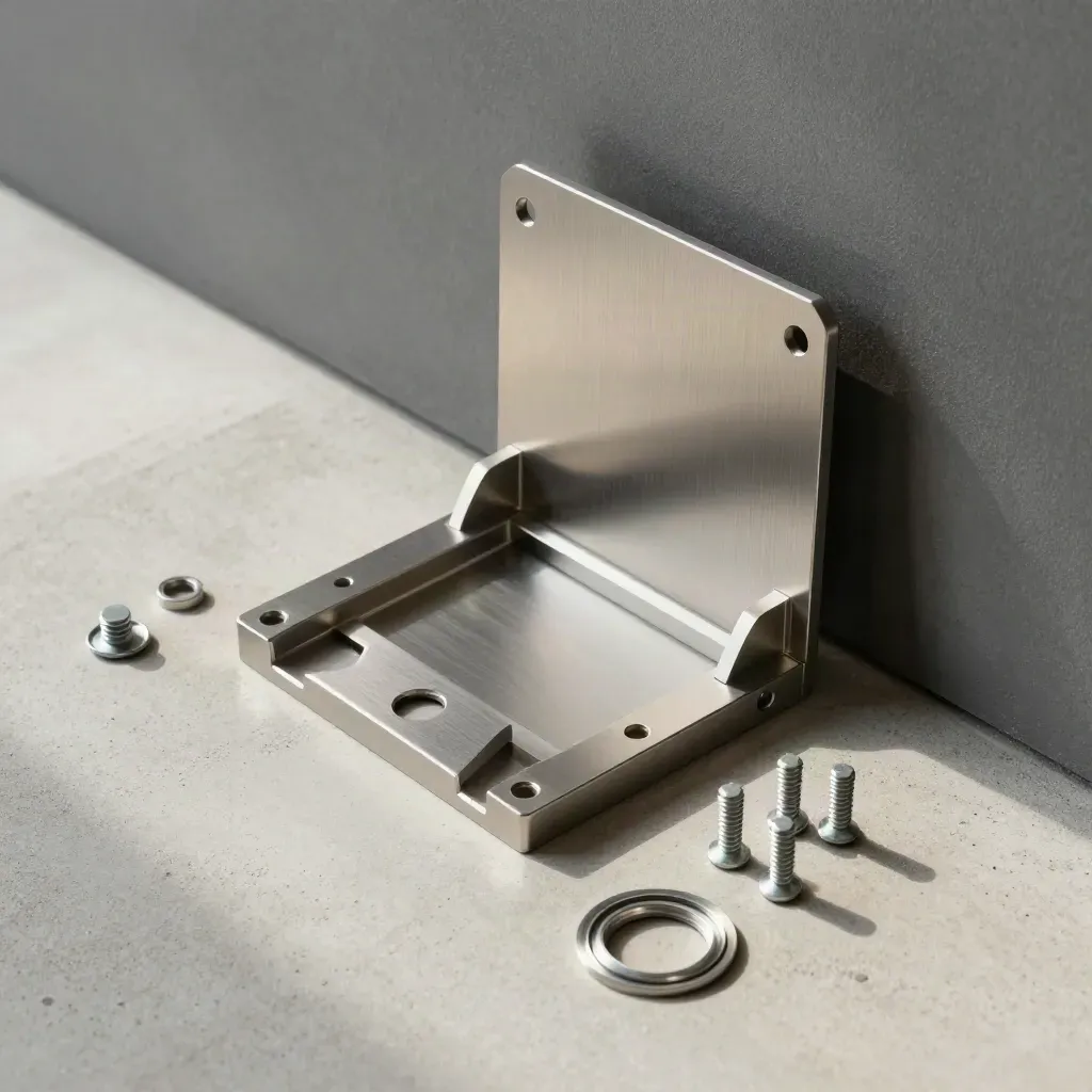 Overhead flat lay of a card reader mount kit with bracket, screws, grommet and spacer pads on pale concrete.