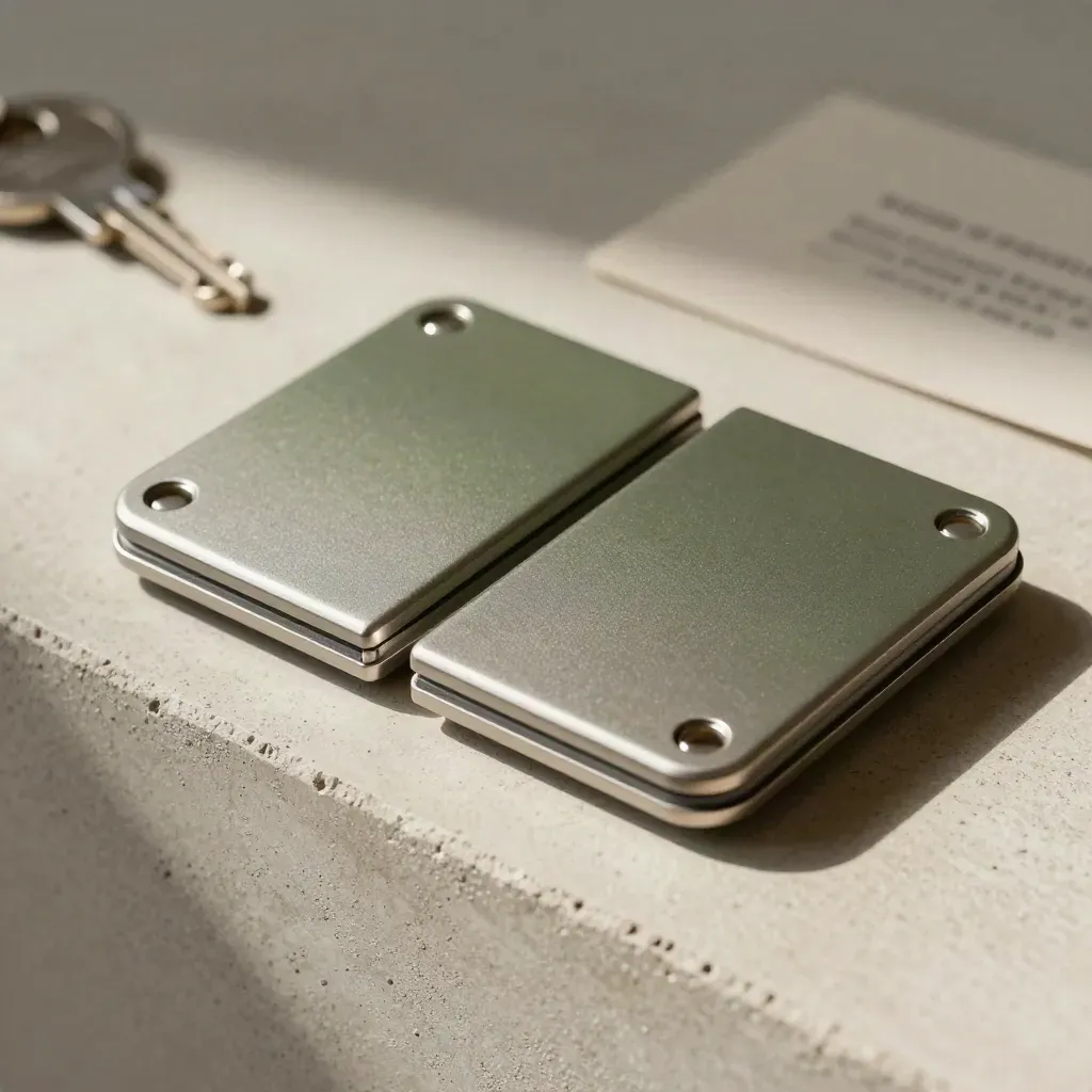 Twin panic bar cover plates on pale concrete with screws, lit from upper left