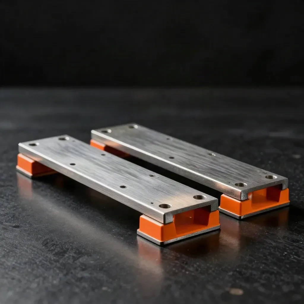 Pair of steel frame reinforcement plates with orange spacer blocks on a matte-black surface.