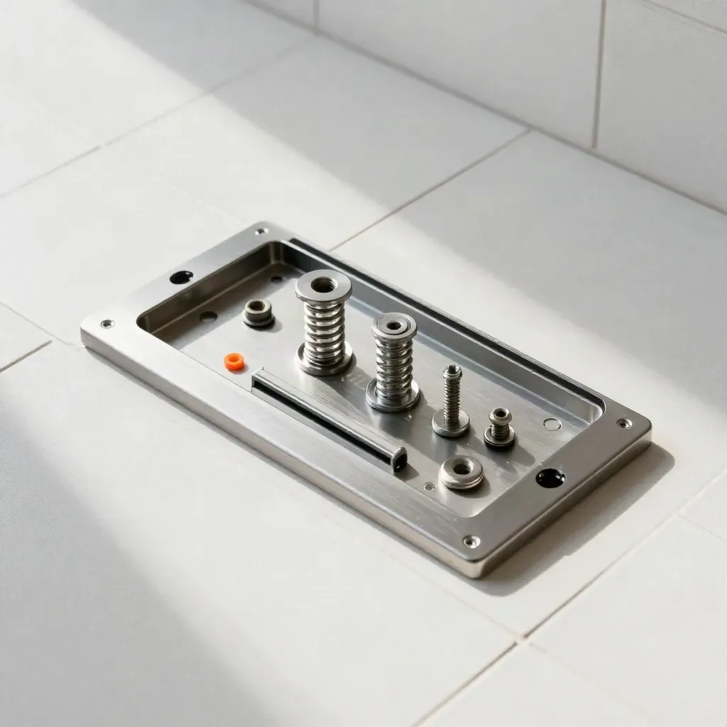 Overhead flatlay of a push pad exit trim assembly and fasteners on matte white tile