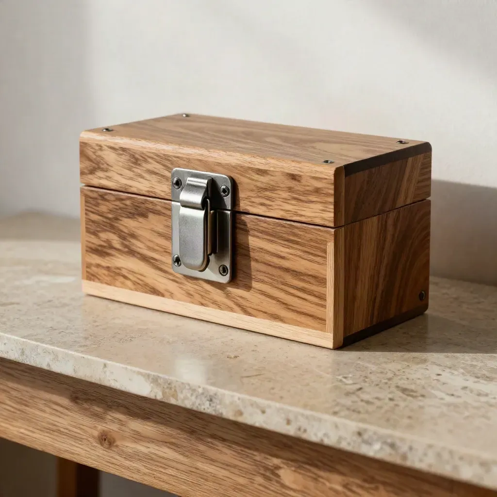 Heavy strike box hardware, latch receiver, screws, and oak jamb sample on a limestone workbench