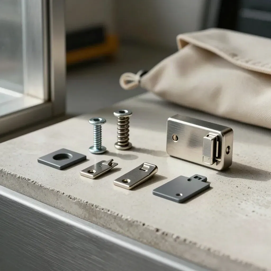 Mixed lock repair parts arranged on concrete with a blurred office door edge behind.