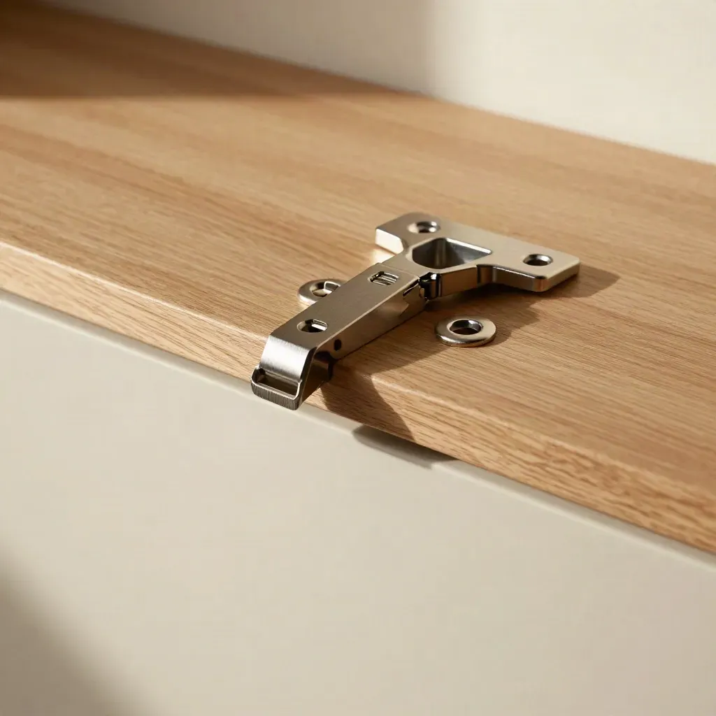 Brushed steel door hardware on a sunlit maple worktop with calm copy space below