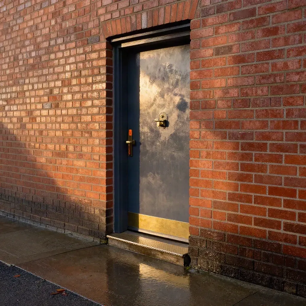 Wet alley doorway with brass latch, rain sheen, and warm sunset light.