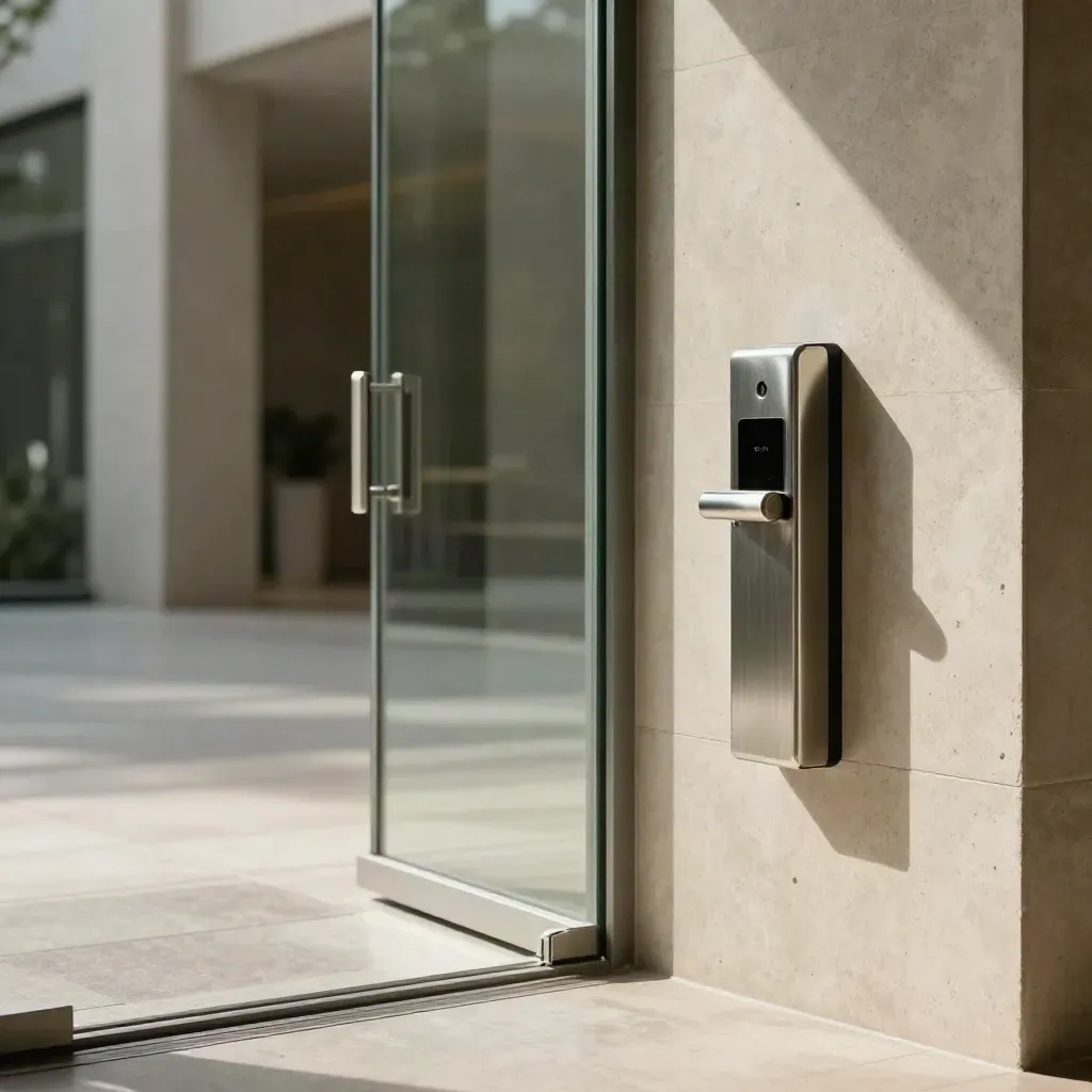 Sunlit lobby entry with access reader, glass, concrete, and calm copy space