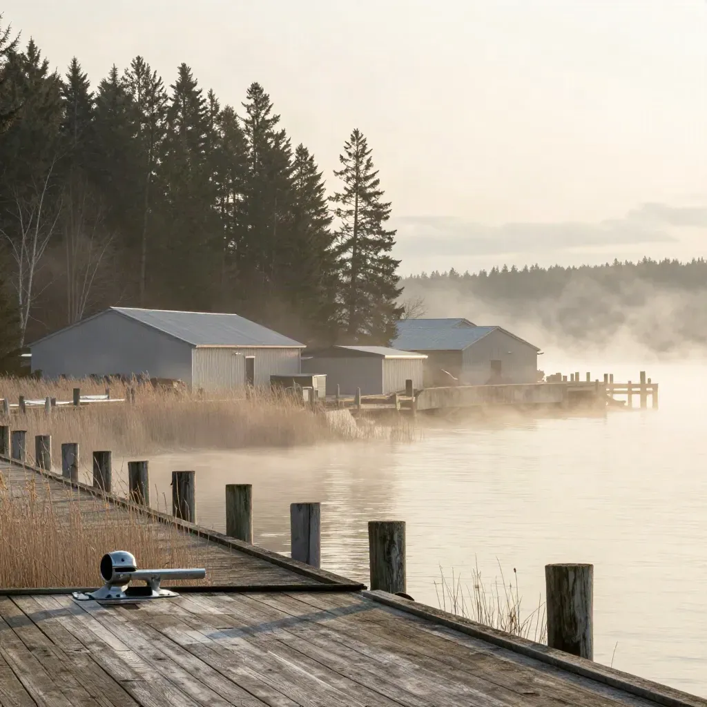 Foggy dockside treeline with warehouse roofs at dawn over calm water