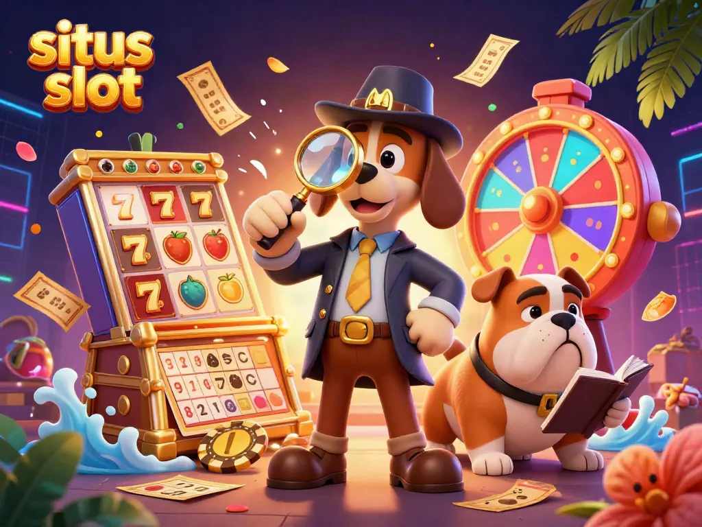 Engage with situs slot as a detective investigates a golden poker chip in a rich casino-themed scene.