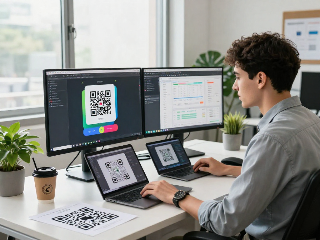 Free QR Code Generator in a modern workspace with QR code analytics and vibrant design.
