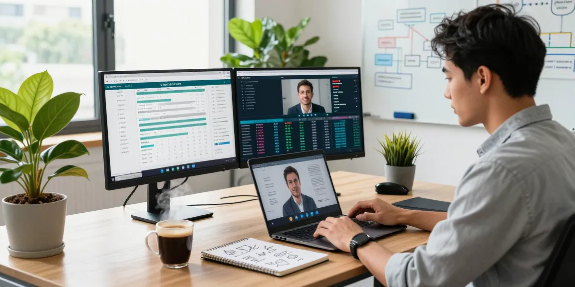 WPS Official Website office workspace with professional collaborating over video call, showcasing tech productivity.